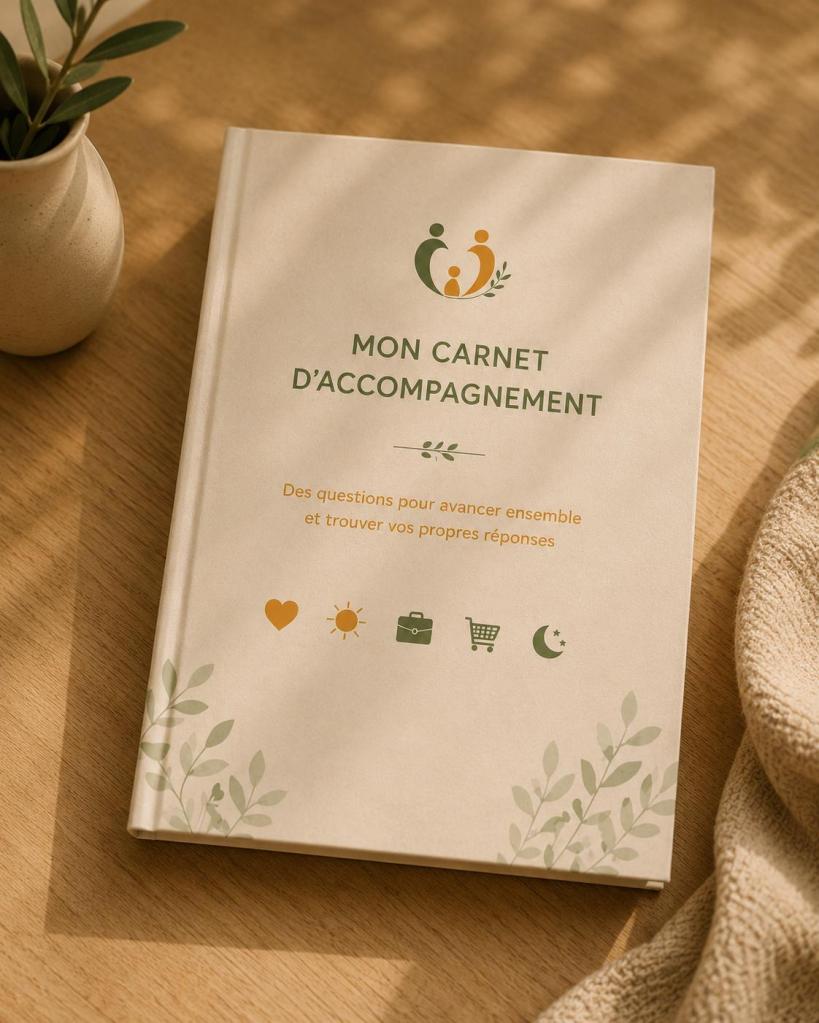 Un carnet d'accompagnement avec un design minimaliste, marqué 'MON CARNET D'ACCOMPAGNEMENT' et des illustrations de feuilles et icônes, sur une table en bois.