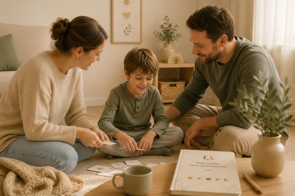 Une famille joue ensemble sur un tapis, entourée de jeux de cartes. Un enfant souriant est assis entre ses parents, qui interagissent joyeusement avec lui. Sur la table, un carnet d'accompagnement est visible.